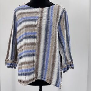 Alfred Dunner Women blue Striped gauzy cotton cropped 3/4 Sleeve Top Size L